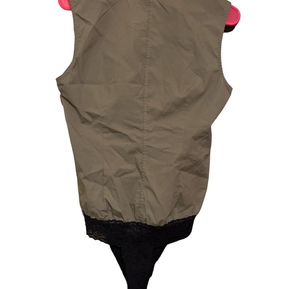 Moda International, sleeveless olive zip up body suit with lace bottoms. - Picture 2 of 6